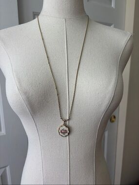 1928 Vintage Gold-Tone Long Necklace with Pink Floral Porcelain Pendant